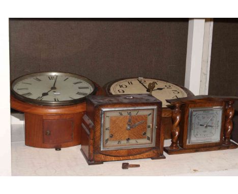 Two circular wall clocks, oak mantel clock and oak mantel barometer