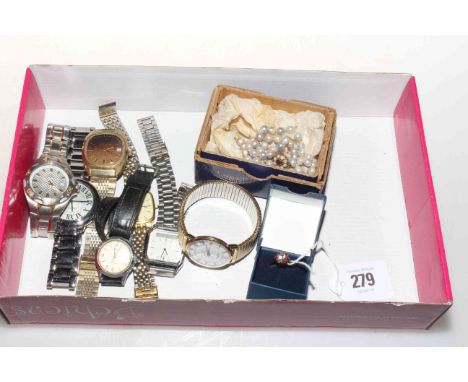 Watches including Sekonda, Rotary, Oris, Adida, Ballon Bleu de Cartier, gold ring and pearl necklace (9)