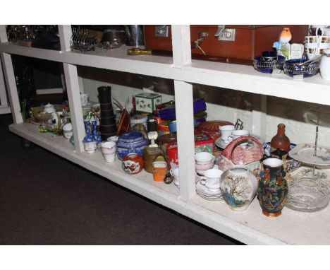 Assorted tins, Ringtons caddy, various china, glass animals, etc