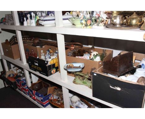 Five boxes of glass, china, figures, copper hunting horns, vintage radio, kitchen scales, lustre finish fire front and compan