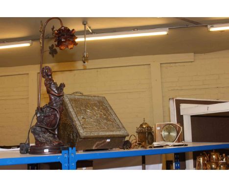 Brass coal bin, figure lamp and two electric clocks
