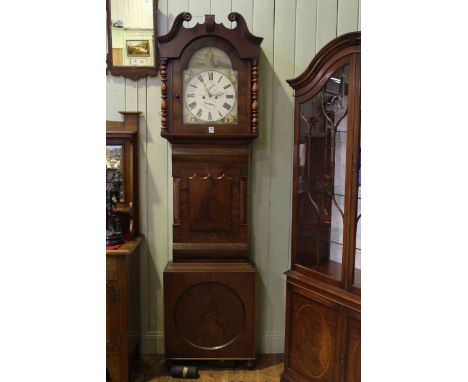 Antique mahogany eight day longcase clock having painted arched dial, signed J.G. Elliott, Leeds