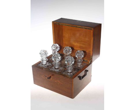 Victorian inlaid rosewood decanter box containing six decanters with key