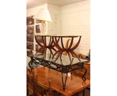 Pair circular brass topped folding coffee tables, rectangular glass topped low centre table, brass standard lamp and glass an