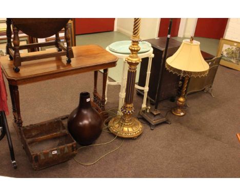 Gilt standard lamp, metal standard lamp, fruit basket, wooden vase, table lamp and brass firescreen (6)