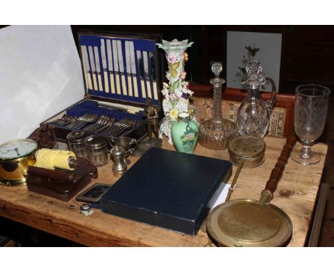 Needlework firescreen, canteen of cutlery, Schatz Royal Mariner ships clock, celery vase and two glass decanters, small silve