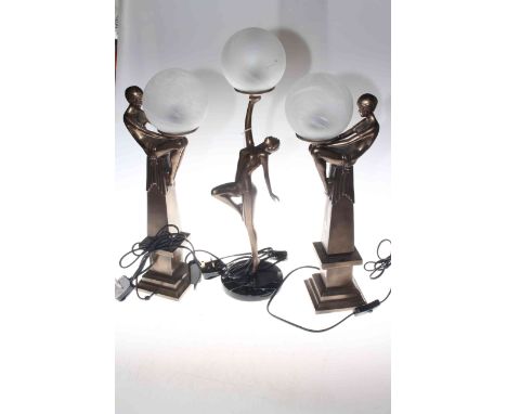 Pair of Art Deco Style lamps and a Art Deco style figure lamp on marble base, all with circular glass swirl effect shades (3)