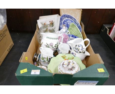 Box of Carltonware, figurine, Portmeirion Botanic Garden jugs, flower encrusted trinket pots, bird prints etc 