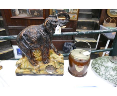 Ceramic elephant with integrated clock, height 40 cm, and oak tea caddy
