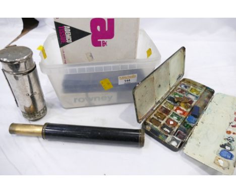 Military issue candle lamp torch, single drawer brass telescope and vintage watercolour paint tins 