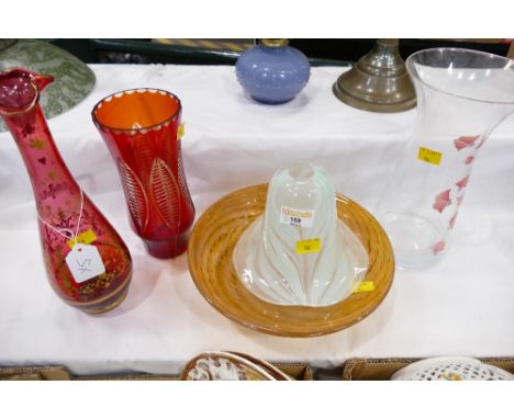 Three coloured glass vases, green glass lamp shade and orange Art Glass bowl with bubble inclusions