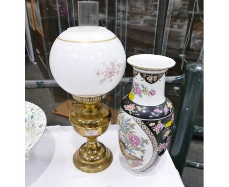 Brass duplex oil lamp and Japanese vase