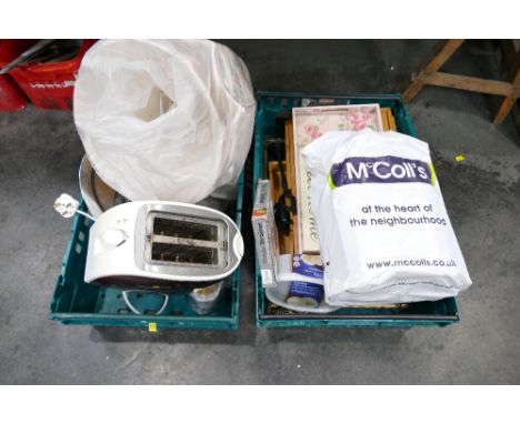 Two boxes of books, wooden trays, household accessories, metalware, lamp shades etc 
