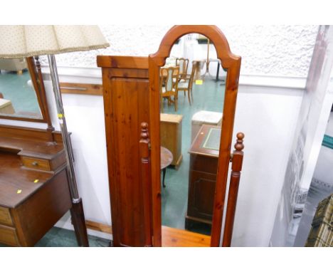 Red stained pine freestanding cheval mirror and headboard 