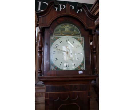 A c.1840 eight day long case clock, dial painted with a Georgian house in parkland scene, marked Dodson Beeston in elaborate 