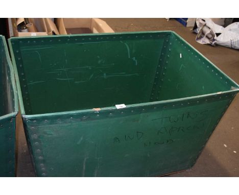 Plywood and green plastic vintage laundry bin on casters
