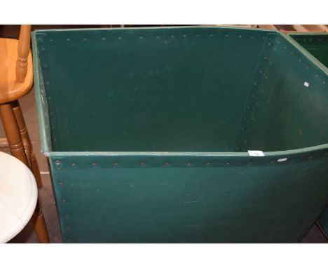 Plywood and green plastic vintage laundry bin on casters