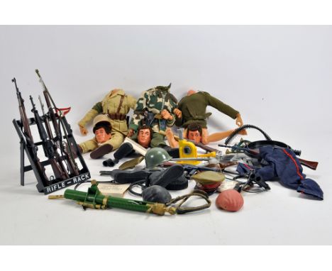Action Man figure trio, require attention plus numerous guns and other accessories. (qty)
