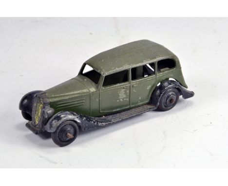 Dinky Toys No.30D Vauxhall Saloon. Green body, ridged hubs, missing headlight, generally F/G.