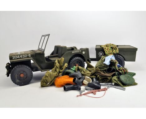 Action Man Jeep, trailer and various clothing. Generally G. (qty)