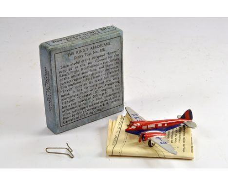 Dinky Toys No.62k The Kings Aeroplane. Pre-war example with silver wings, red/blue fuselage and engine covers, with Reg G-AEX