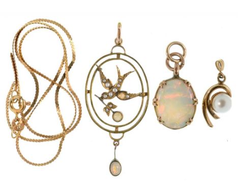 AN OPAL PENDANT IN GOLD, A CULTURED PEARL PENDANT ON GOLD NECKLET AND AN OVAL OPENWORK GOLD, OPAL AND SPLIT PEARL SWALLOW PEN