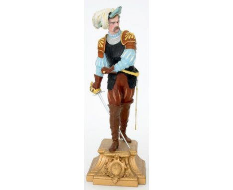 A PAINTED SPELTER STATUETTE OF A CAVALIER, 83CM H, AN OAK MANTEL CLOCK, ETC