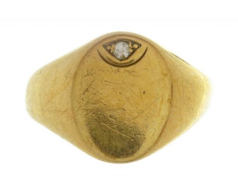 A 9CT GOLD GENTLEMAN'S SIGNET RING, SET WITH A DIAMOND, 3.3G, SIZE R