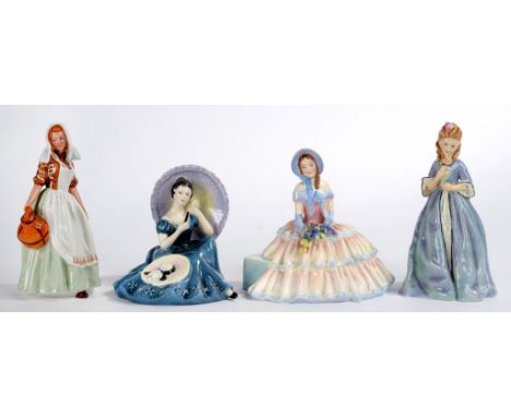 THREE ROYAL DOULTON BONE CHINA FIGURES, COMPRISING DAYDREAMS HN1731, PENSIVE MOMENTS HN2704 AND THE MILKMAID HN2057 AND A ROY