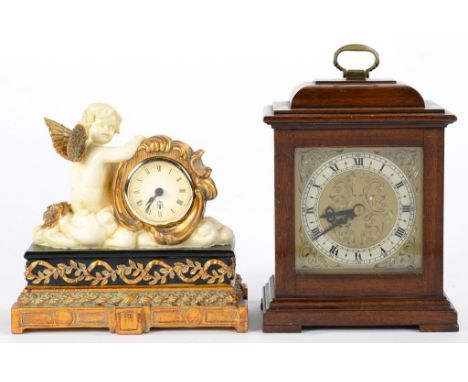 AN 18TH C STYLE WALNUT MANTEL TIMEPIECE, WITH MERCER MOVEMENT IN BASKET TOPPED CASE, 23CM H EXCLUDING HANDLE AND ANOTHER DECO