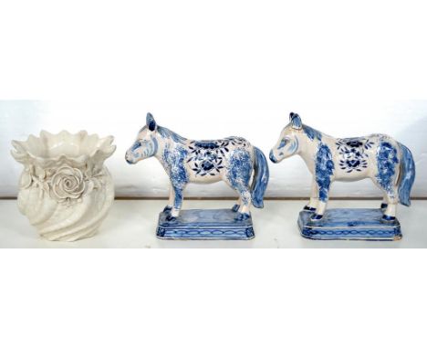 A PAIR OF DUTCH DELFTWARE MODELS OF PONIES, 14CM H, PAINTED MONOGRAM, CIRCA EARLY 20TH C AND A BELLEEK VASE