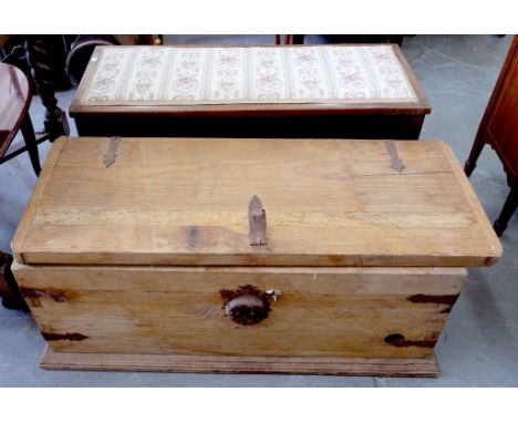 A VICTORIAN MAHOGANY DUET STOOL AND A PINE IRON BOUND TRUNK 
