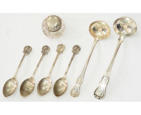 A SCOTTISH VICTORIAN SILVER TODDY LADLE, KING'S PATTERN, EDINBURGH 1837, A SIMILAR LADLE, A CUT GLASS JAR WITH SILVER COVER A