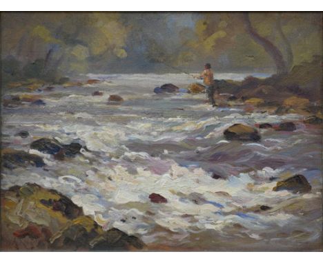 ARTHUR WALKER REDGATE, OIL SKETCH OF A MAN FISHING ON A RIVER, SIGNED, BOARD, 29 X 39CM