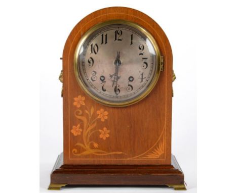 AN INLAID MAHOGANY MANTEL CLOCK WITH SILVERED DIAL, WINTERHALDER AND HOFMEIER TING TANG MOVEMENT, ON BRASS OGEE FEET, 36CM H,