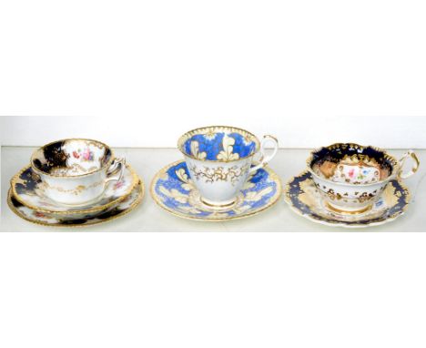 A COALPORT BLUE BATWING PATTERN TEACUP, SAUCER AND SIDE PLATE, PLATE 15.5CM D, PRINTED MARK, C1880, AN H & R DANIEL SHREWSBUR