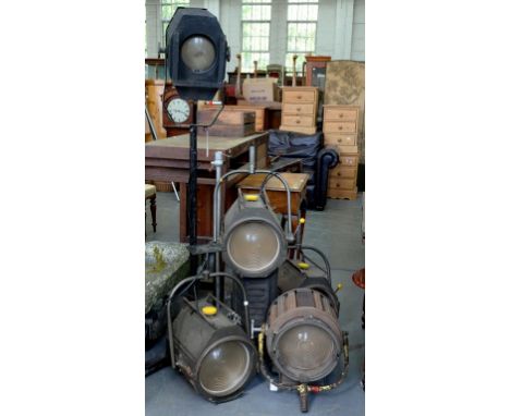 STUDIO LIGHTING. SIX VARIOUS LIGHTS AND TWO TRIPODS, MADE BY STRAND ELECTRIC AND ENGINEERING COMPANY AND T.E.C 
