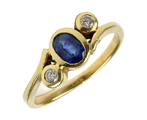 Gelbgold-Saphir-Brillant-Ring, deutsch um 1990, 750er Gelbgold, Ringschiene gestempelt, Ringkopf mit einem gefassten, ovalen 