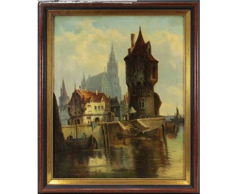 Architekturmaler, Holland 19. Jh., Hafenansicht mit Turm, Kaufmannshaus u. großer Kirche in einer holländischen Stadt in der 