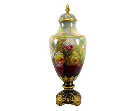Franz Anton Mehlem Bonn, seltene große Jugendstil - Prunk - Bodenvase mit Deckel , um 1900, Keramik, heller Scherben, polychr