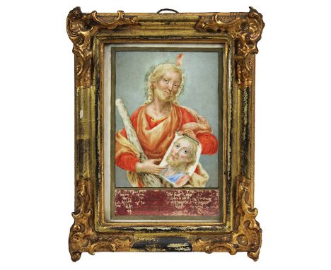Heiliger Judas Thaddäus, Apostel, Andachtsbild süddeutsch 18. Jh., wohl auf Pergament, ca. 16 x 11 cm, Farbschäden in der Leg