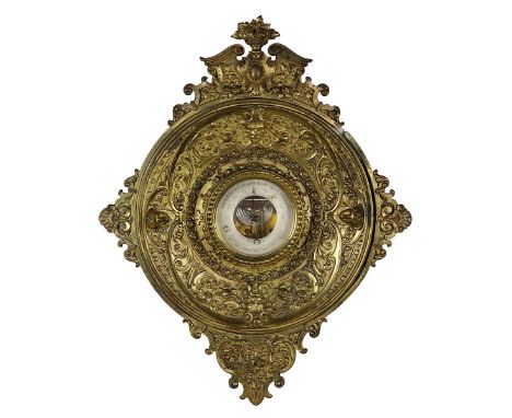 Gründerzeit-Barometer, Deutschland um 1880, ruder, reliefverziertes Barometer aus schwerem Messingguss, mit partieller Vergol