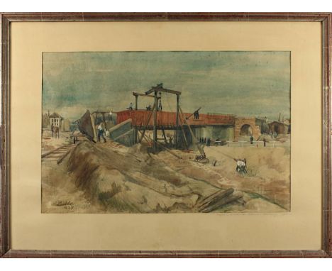 Laible, Otto (Haslach/Kinzigtal 1898 - 1962 Haslach/Kinzigtal) "Straßen- u. Brückenbau Karlsruhe Mühlburg", Aquarell, links u