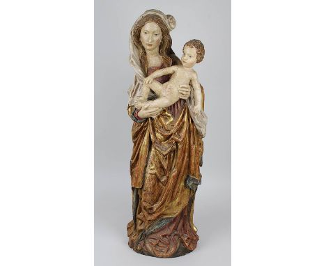Maria mit dem Jesusknaben, Holz geschnitzt u. farbig gefasst, wohl deutsch M. 20. Jh., im gotischen Stil als Mondsichelmadonn