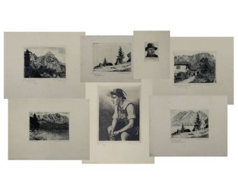 Widemann, Max, Künstler 1. Drittel 20. Jh., ansässig in Seeshaupt, 7 Radierungen: "Würmseer in Festtracht", num. 17/50; "Eibs