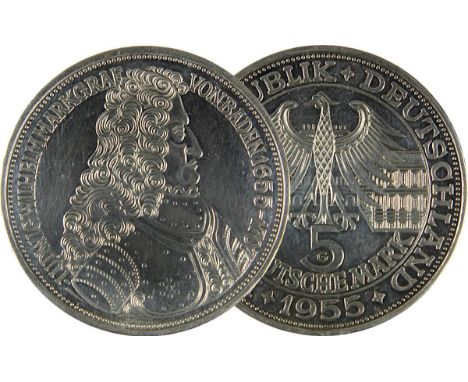 Silbermünze 5 DM, Gedenkmünze Bundesrepublik Deutschland 1955, Av. mit Portrait Ludwig Wilhelm Markgraf von Baden (Türkenloui