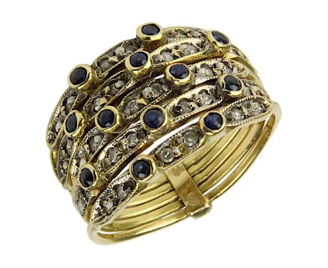 Gelbgold-Ring aus 5 Reifen, mit Diamanten und Saphiren, Griechenland um 1970, gepunzt 750, 5 einzelne Reifen unten verbunden,