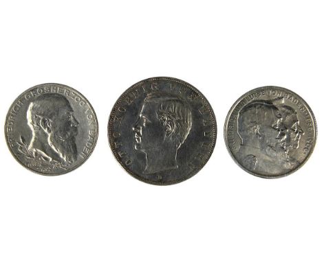 3 Münzen Deutsches Reich, 900er Silber, Baden u. Bayern, 1902, 1906 u. 1912, Münze zu 2 Mark, Avers: Großherzog Friedrich von