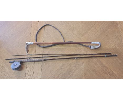 A C. Farlow &amp; Co. fly fishing rod and reel, together with a riding crop with leather whip attached. IMPORTANT: Online vie