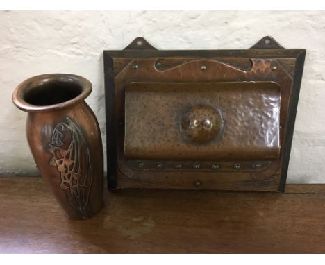 A Silver Crest Art Nouveau copper vase, with Arts &amp; Craft hand beaten copper wall mounted letter rack. IMPORTANT: Online 